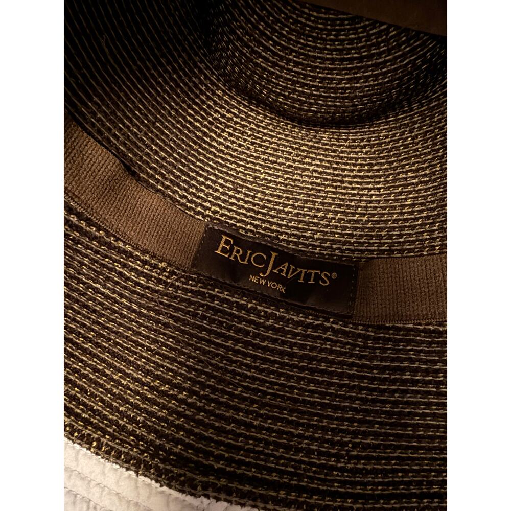 Eric Javits Brown Woven Cloche Hat Leather Buckle Wide Brim Designer Womens - Picture 3 of 9